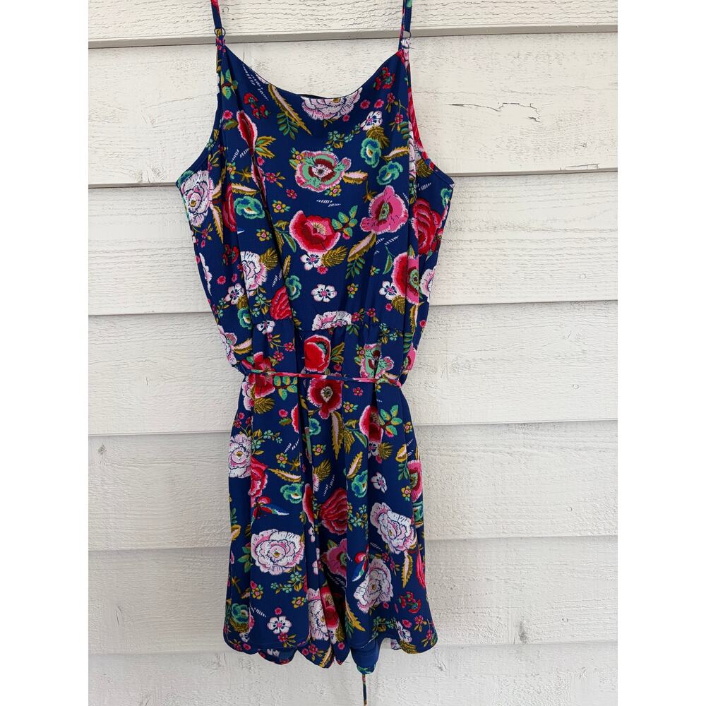 Blue Rain Floral Romper Navy Multicolor Tie Waist Sleeveless Size L - Picture 5 of 5